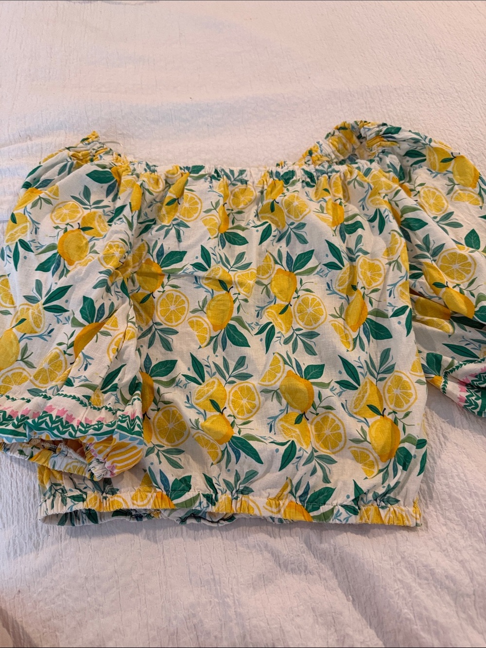 C&C California Lemon Print Off-Shoulder Summer Top - Yellow & Green linen/rayon